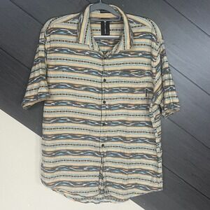 Billabong Men's Aztec Stripe Button Up Shirt XL Tan Blue Cotton EUC